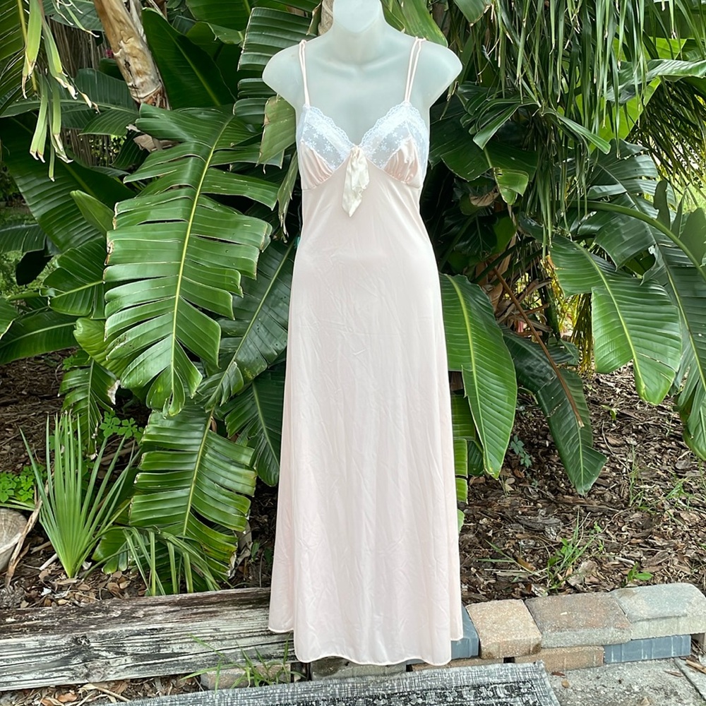Vintage nylon slip dress with lace trim bodice and bow